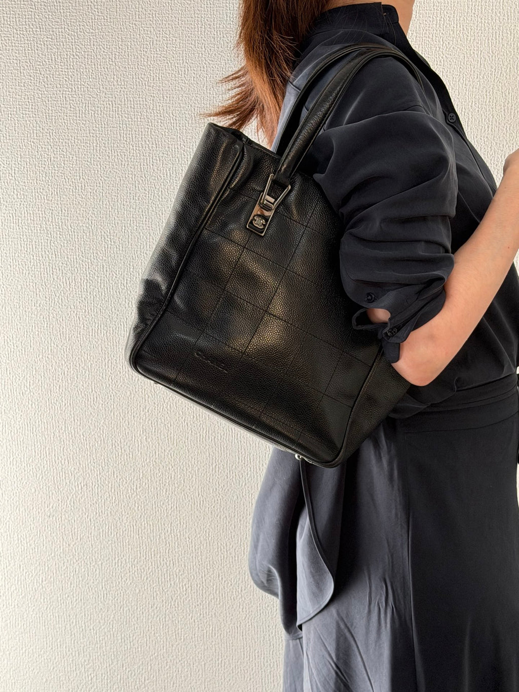 CHANEL Chocolate Bar Square Stitch Caviar Leather Tote Bag