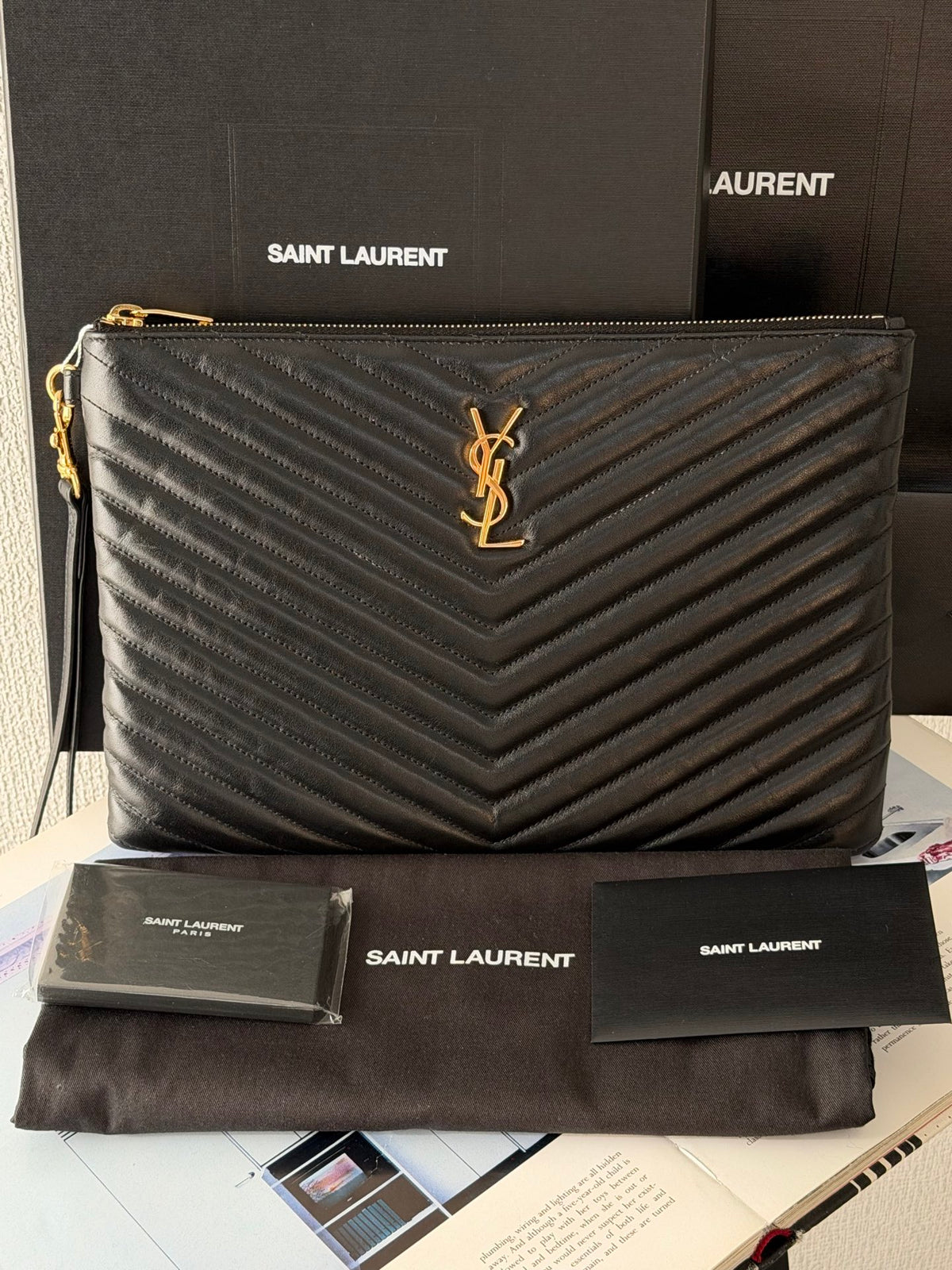 Saint Laurent YSL  Matelassé Leather Zip Tablet  Clutch