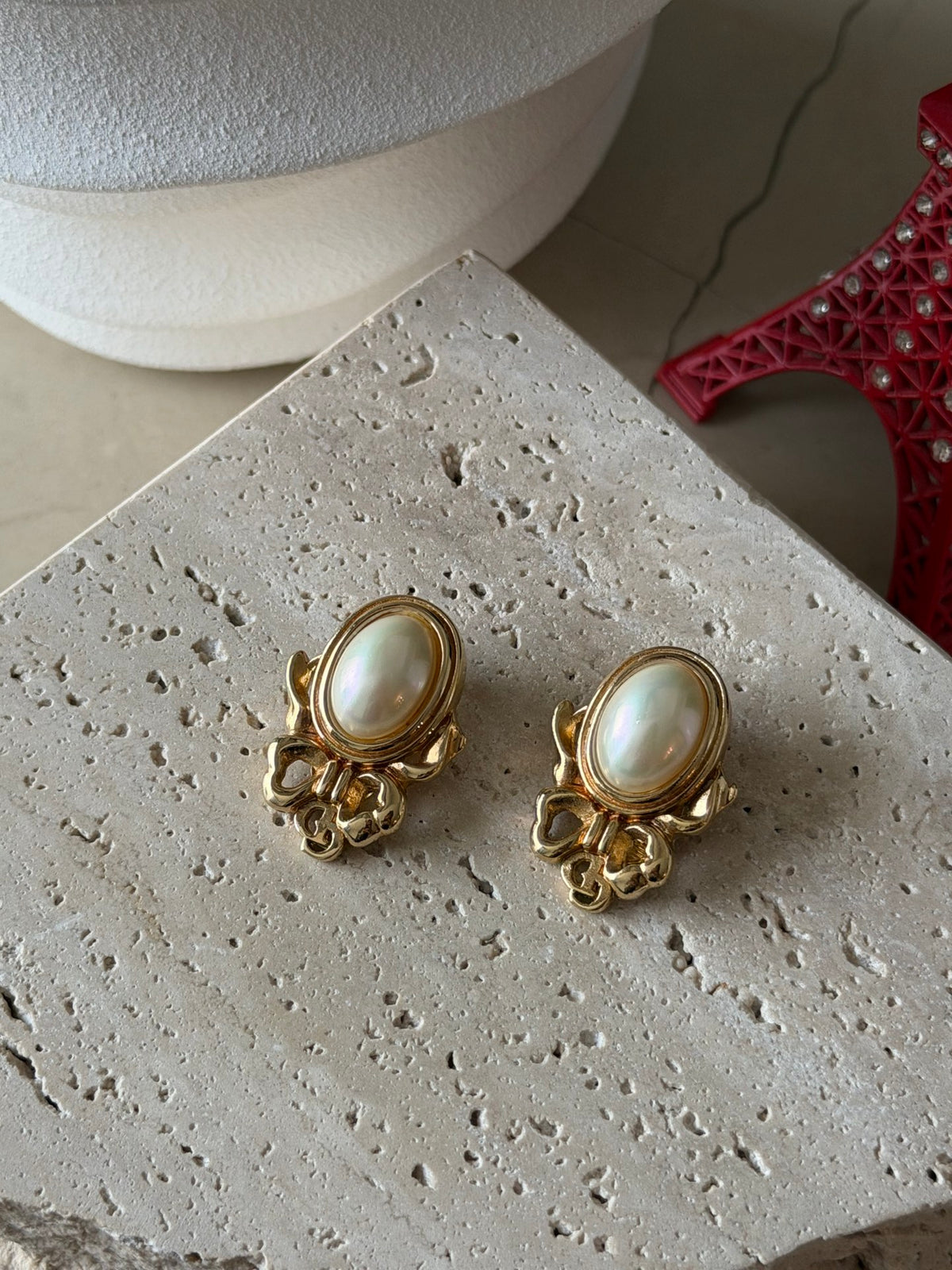 Christian Dior  Bow Ribbon Oval Faux Pearl Clip-On Earrings