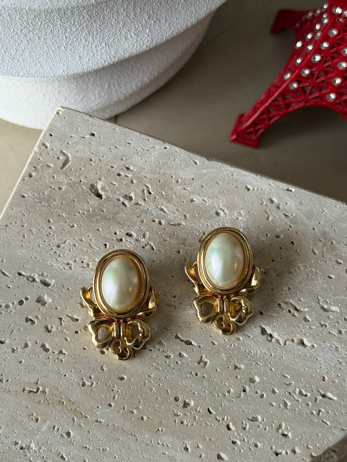 Christian Dior  Bow Ribbon Oval Faux Pearl Clip-On Earrings