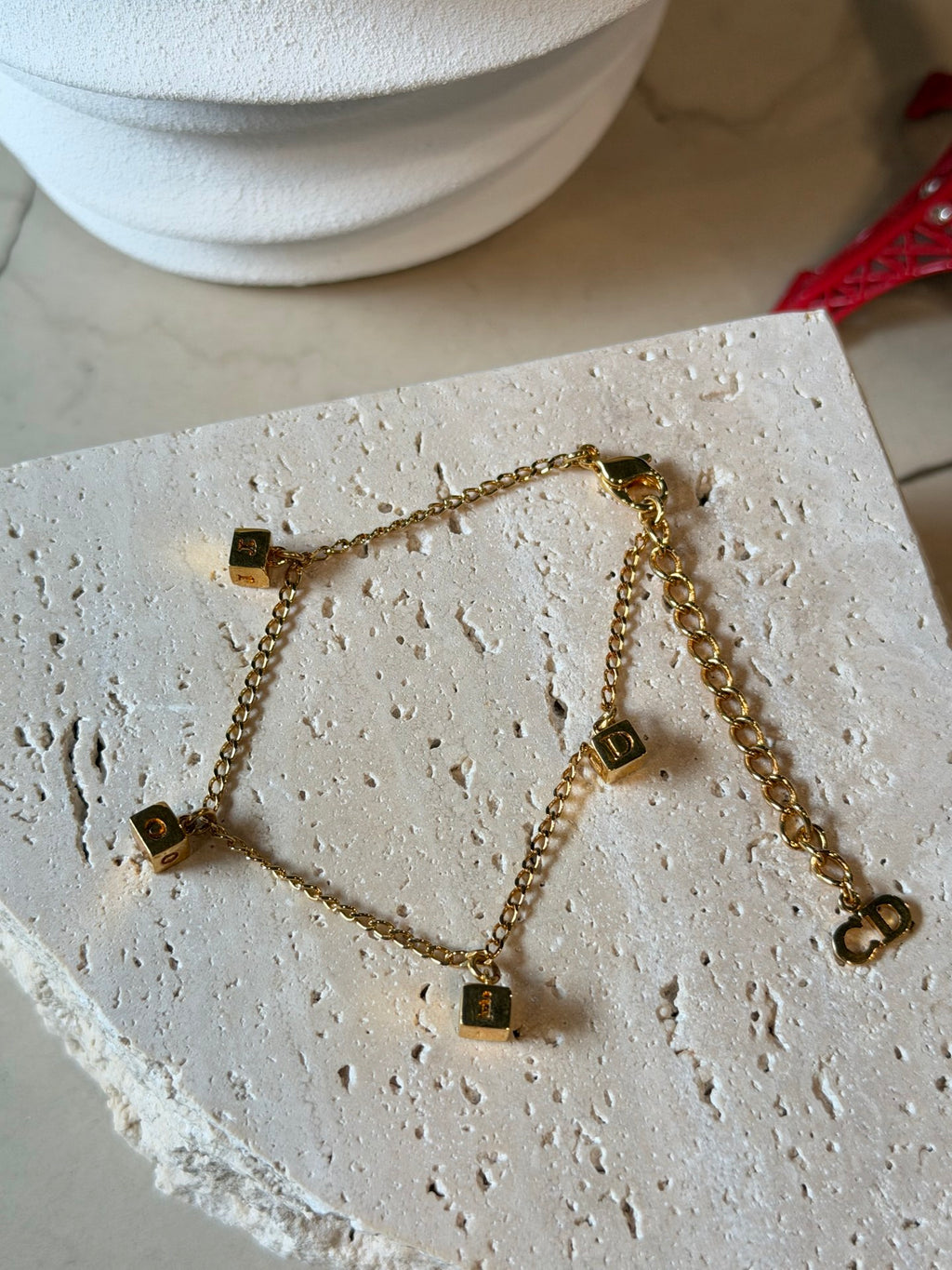 Christian Dior Vintage DIOR Logo Letter Cube Dice Charm Chain Bracelet