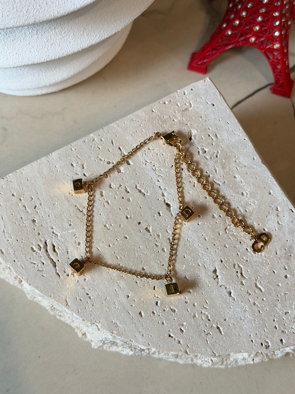 Christian Dior Vintage DIOR Logo Letter Cube Dice Charm Chain Bracelet