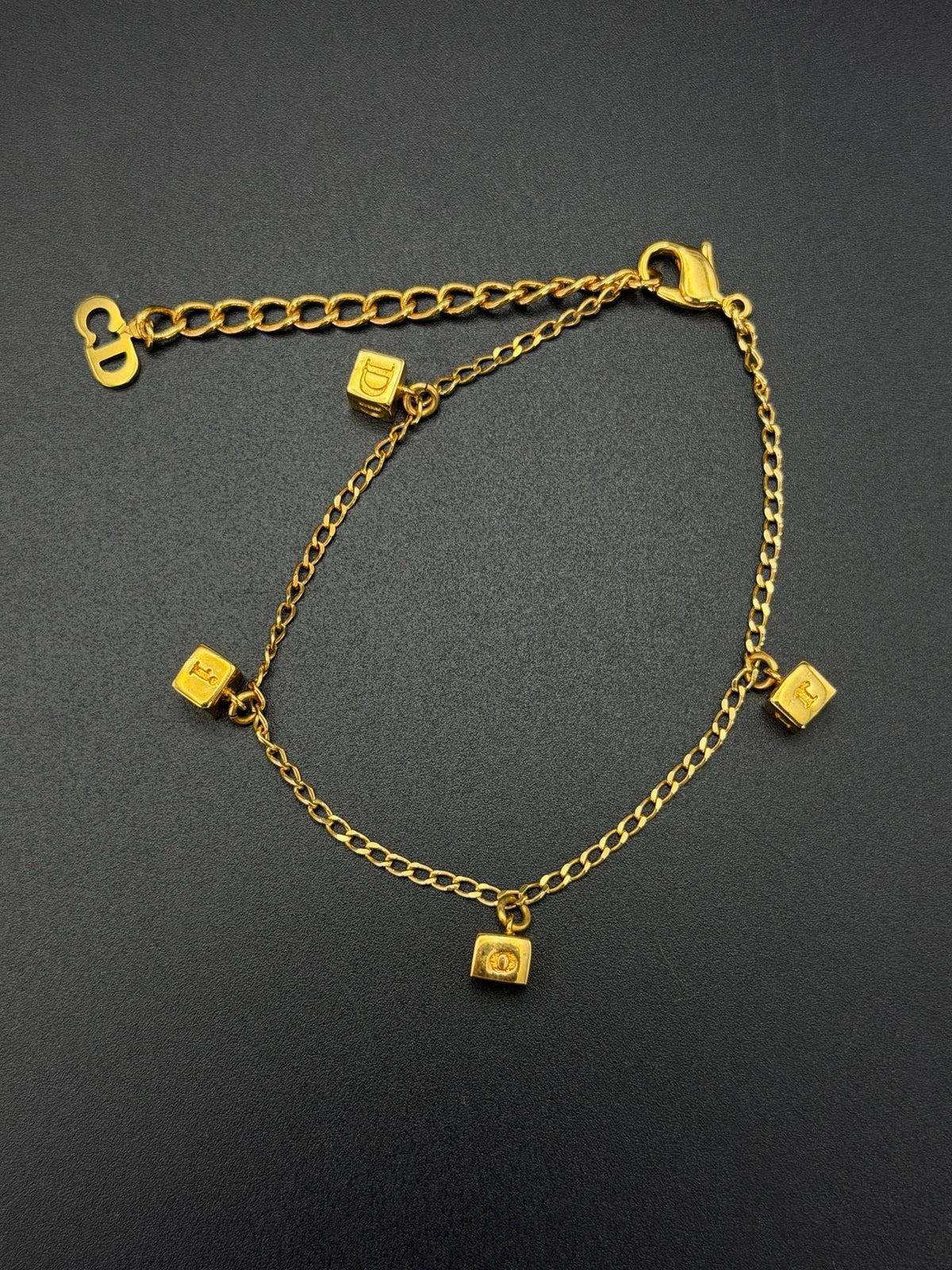 Christian Dior Vintage DIOR Logo Letter Cube Dice Charm Chain Bracelet
