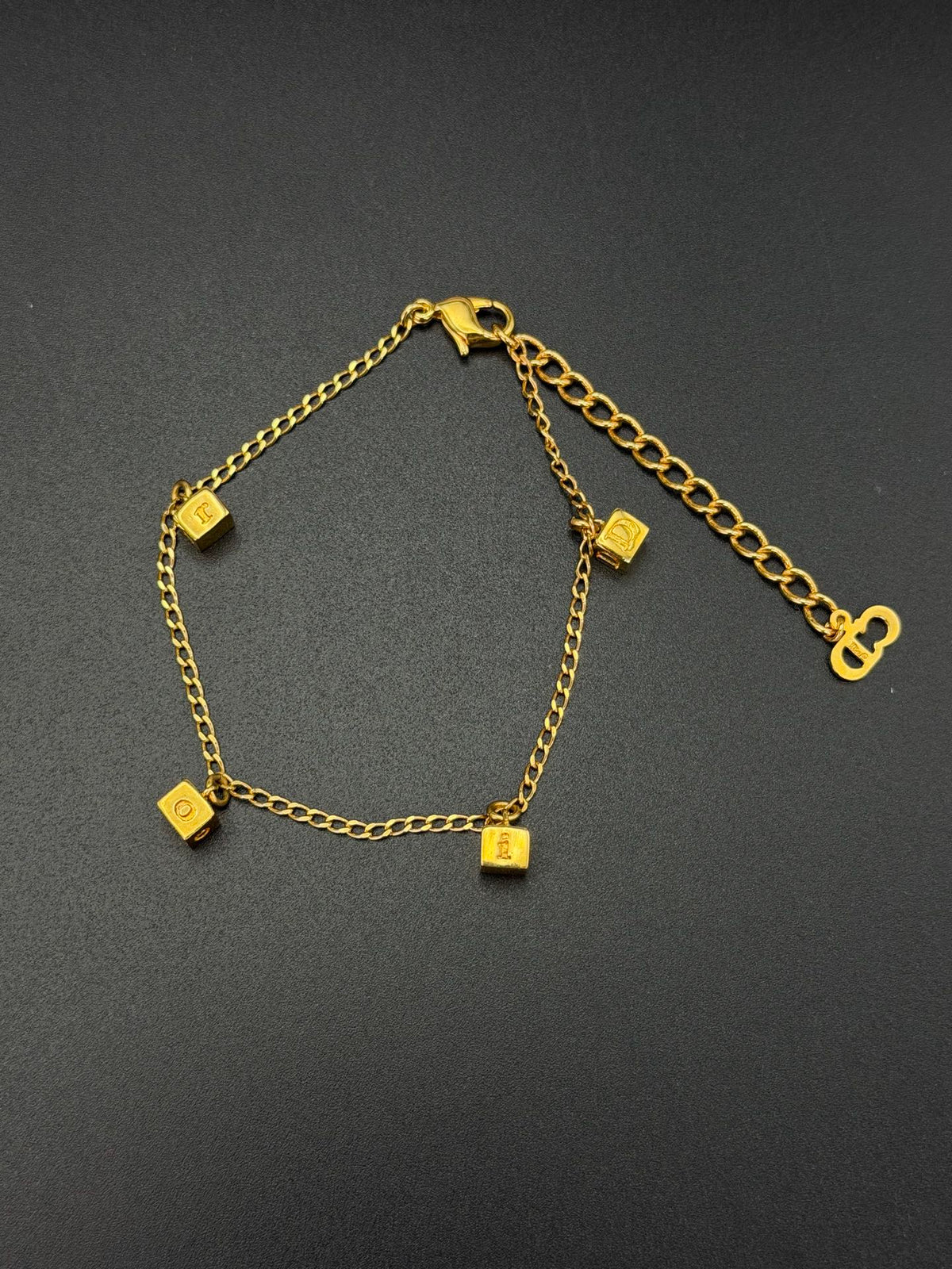 Christian Dior Vintage DIOR Logo Letter Cube Dice Charm Chain Bracelet