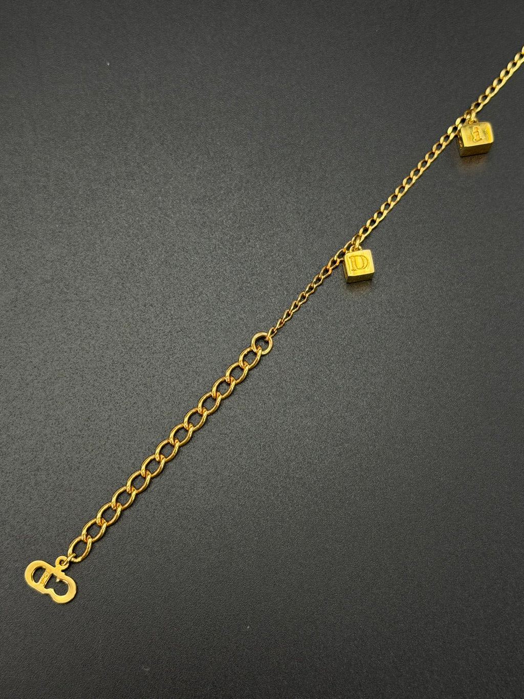 Christian Dior Vintage DIOR Logo Letter Cube Dice Charm Chain Bracelet