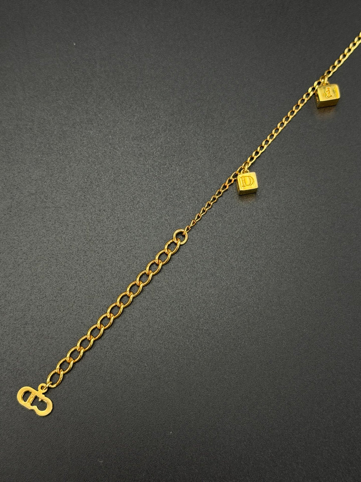 Christian Dior Vintage DIOR Logo Letter Cube Dice Charm Chain Bracelet