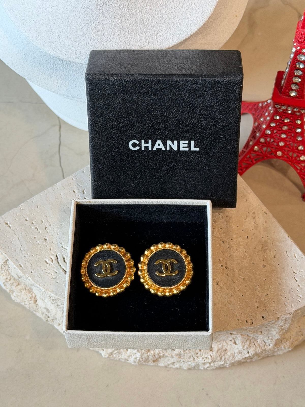CHANEL CC Logo Round Black Enamel Beaded Border Button Clip-On Earrings