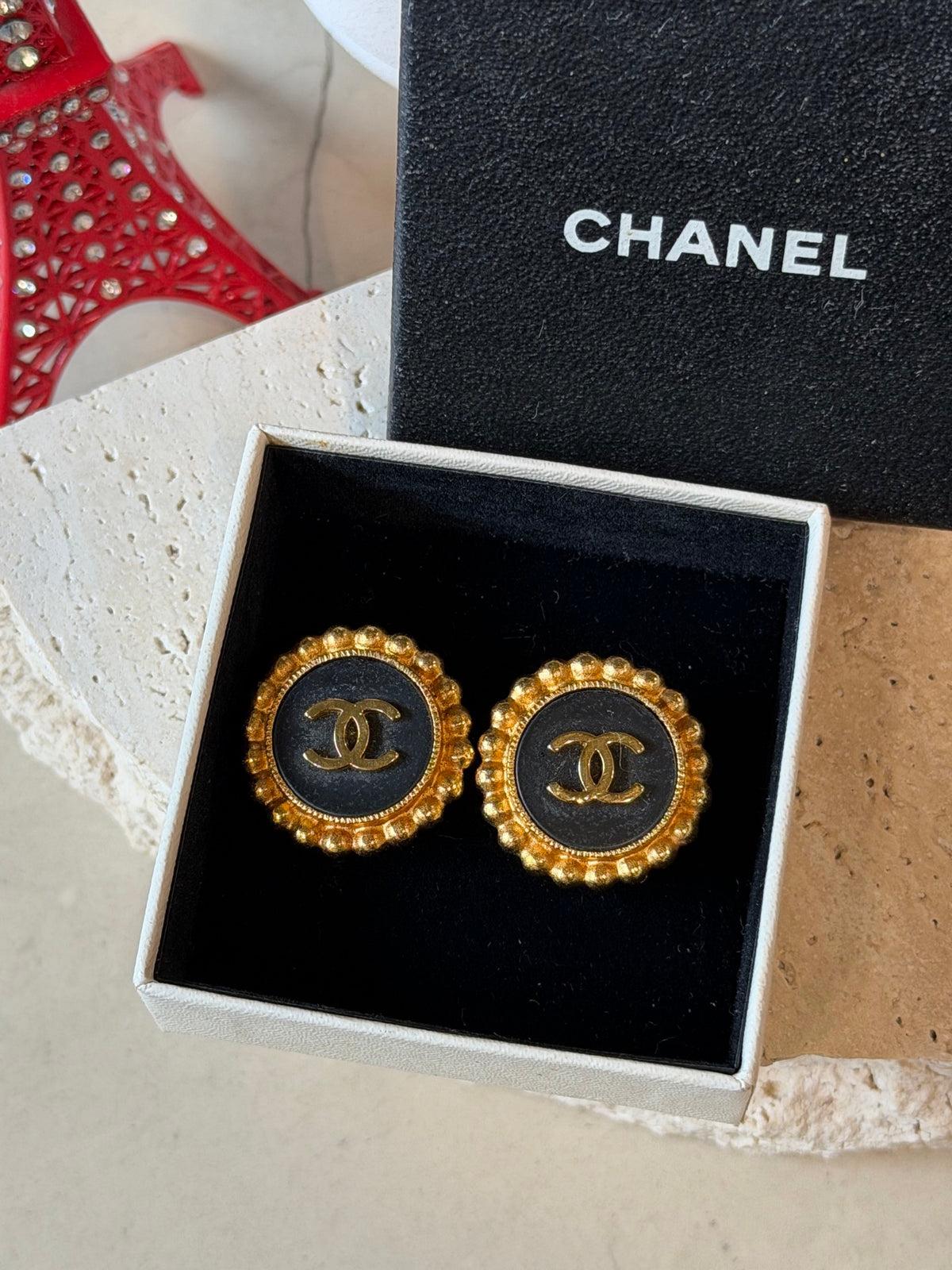 CHANEL CC Logo Round Black Enamel Beaded Border Button Clip-On Earrings
