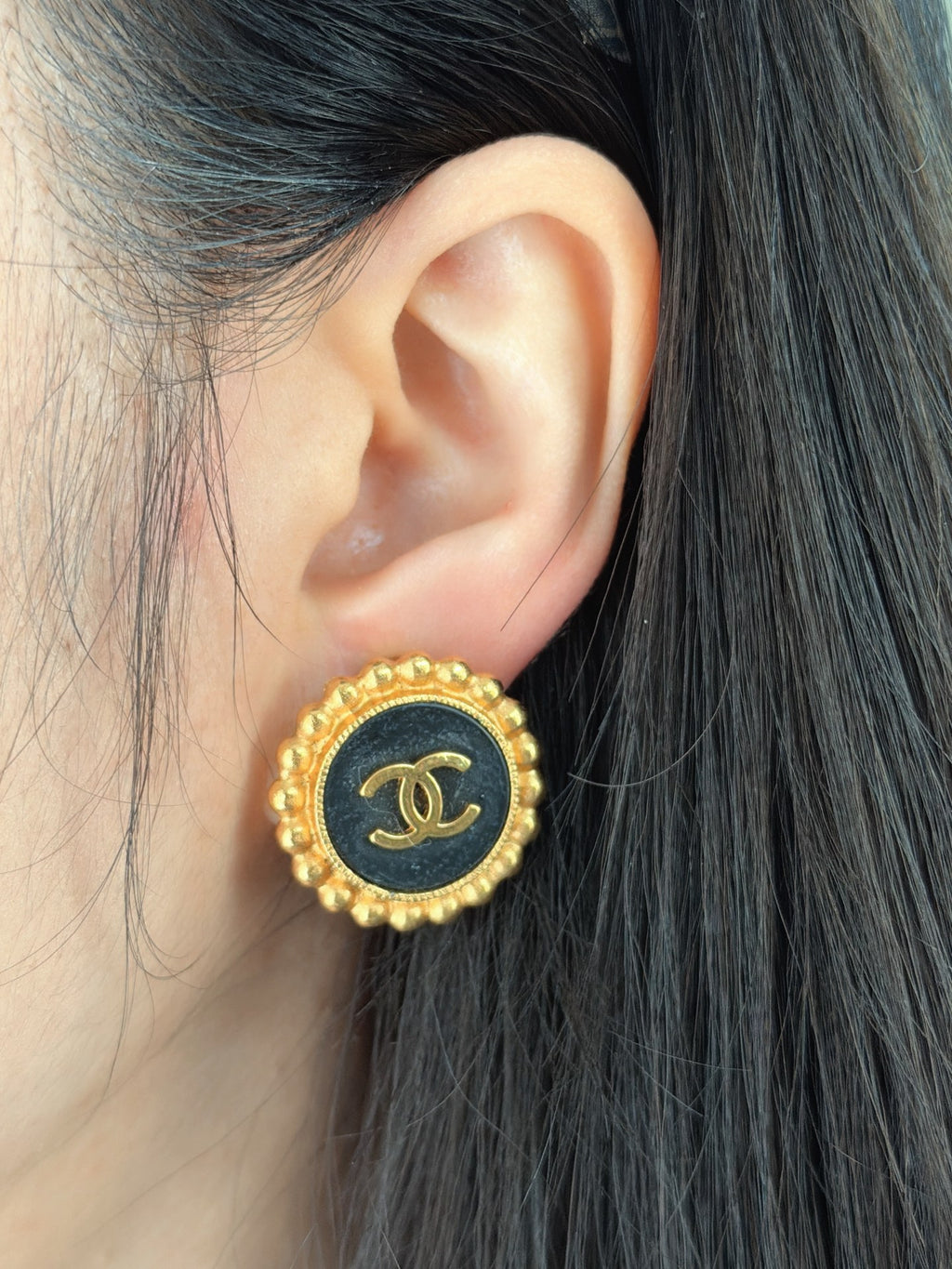CHANEL CC Logo Round Black Enamel Beaded Border Button Clip-On Earrings