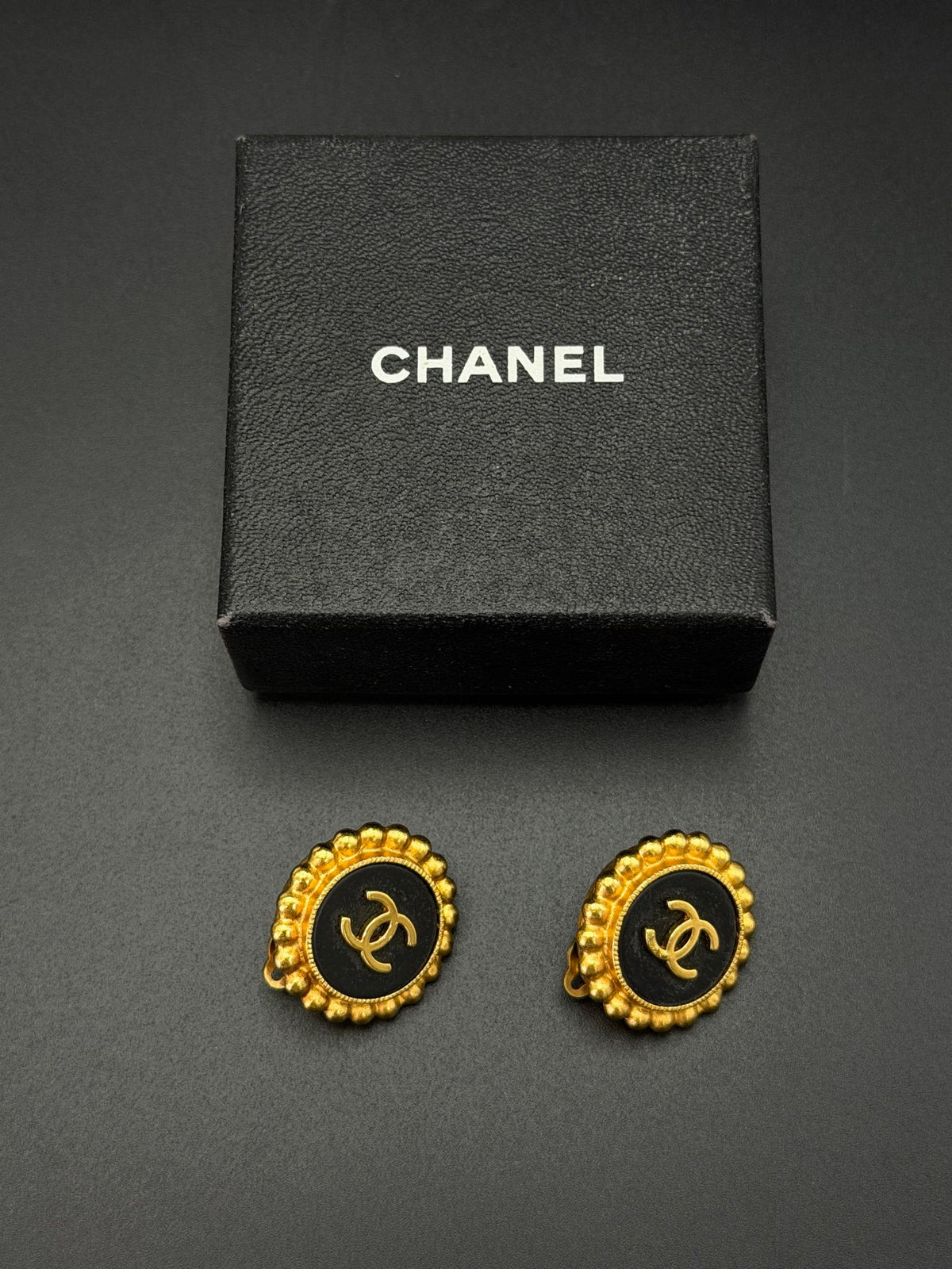 CHANEL CC Logo Round Black Enamel Beaded Border Button Clip-On Earrings