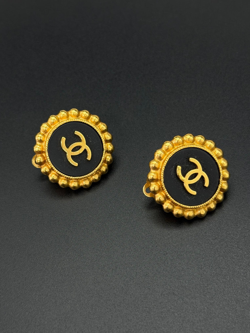 CHANEL CC Logo Round Black Enamel Beaded Border Button Clip-On Earrings