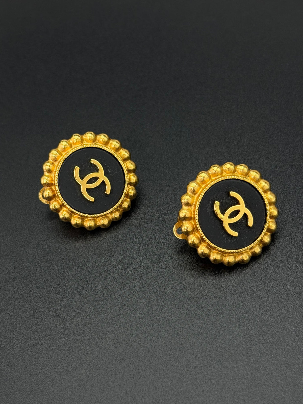 CHANEL CC Logo Round Black Enamel Beaded Border Button Clip-On Earrings
