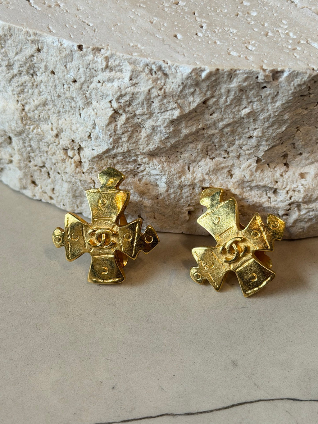CHANEL  CC Logo Maltese Cross Gold Plated Clip-On Earrings