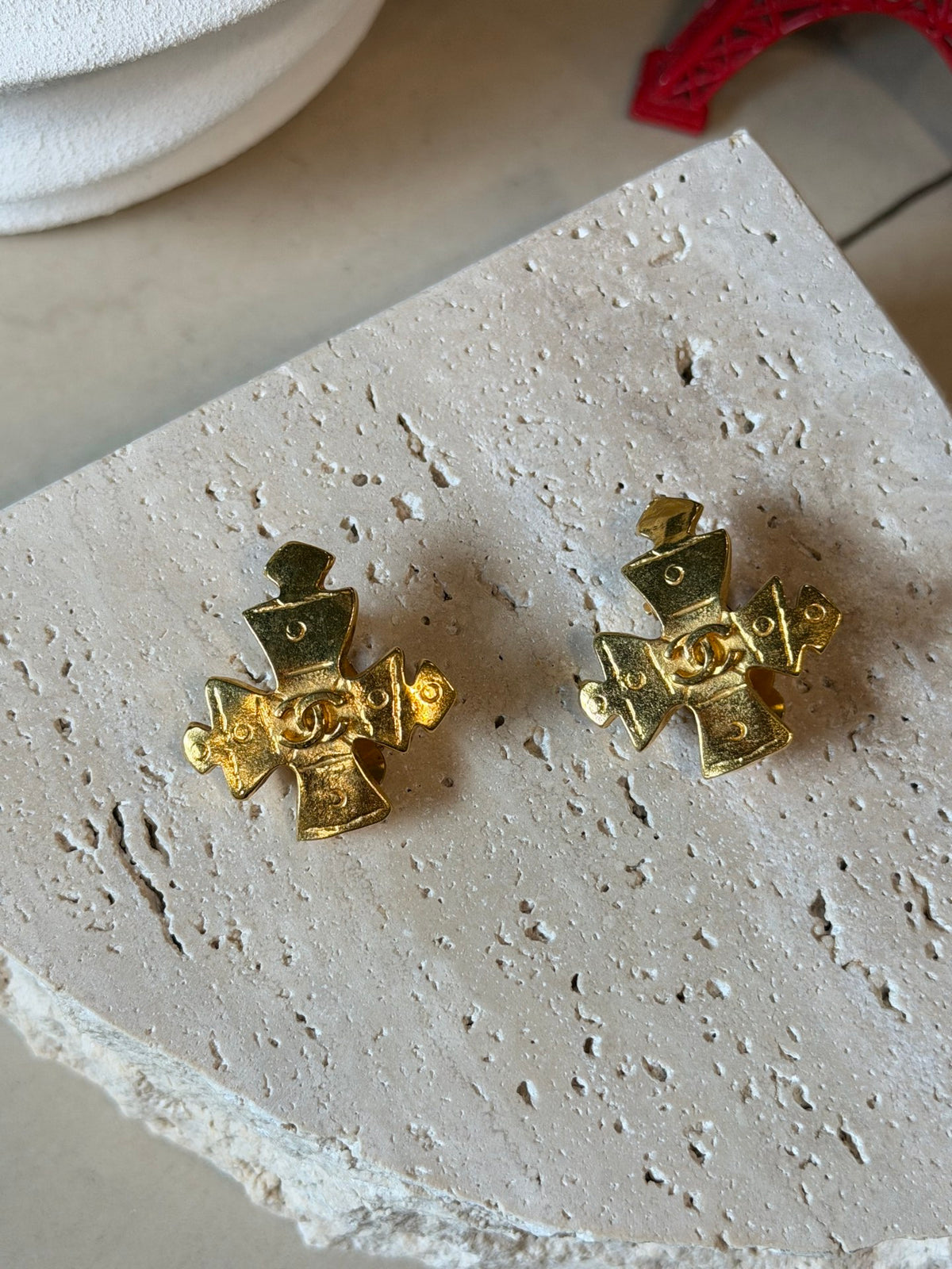 CHANEL  CC Logo Maltese Cross Gold Plated Clip-On Earrings