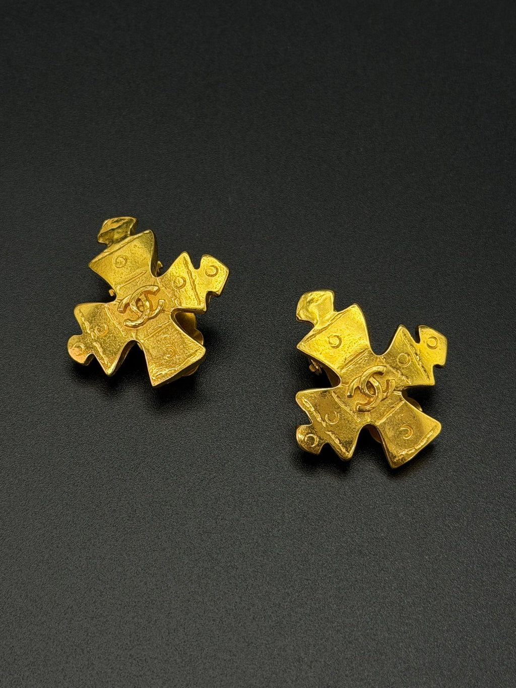 CHANEL  CC Logo Maltese Cross Gold Plated Clip-On Earrings