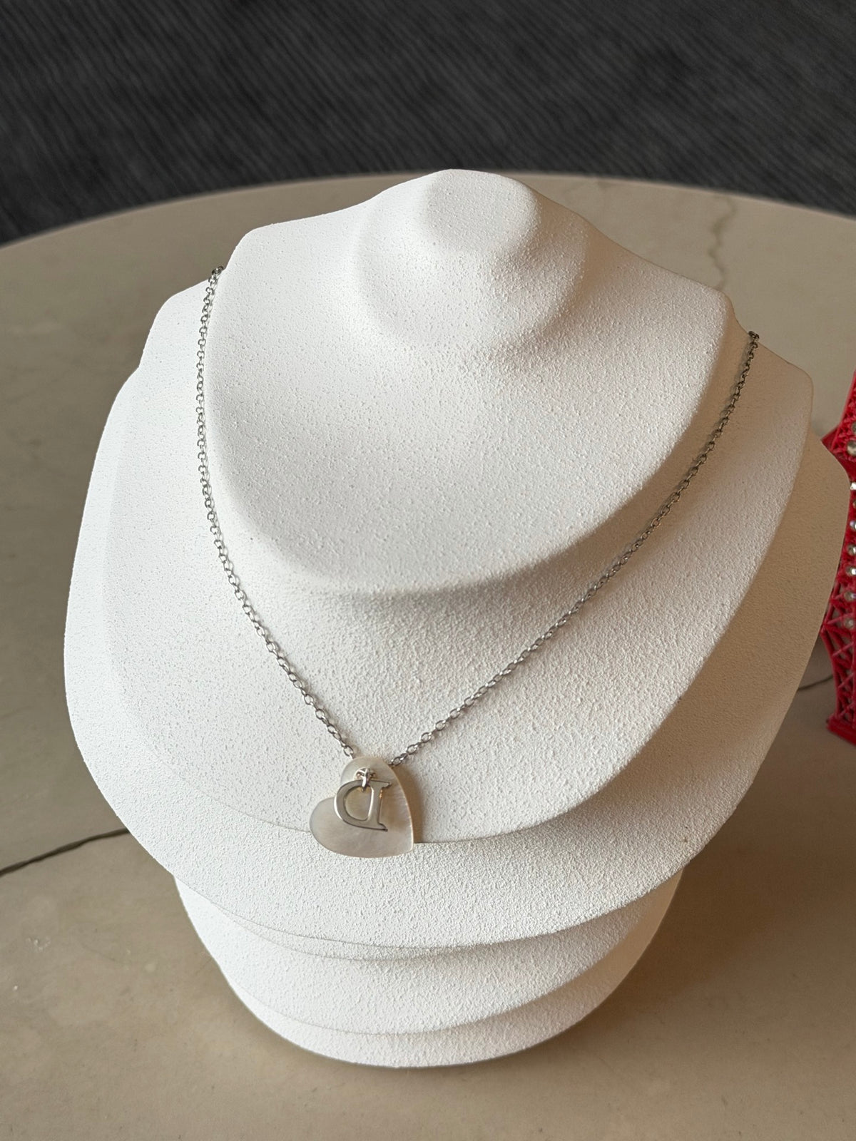 Christian Dior  D Logo Heart Shell Pendant Necklace Silver