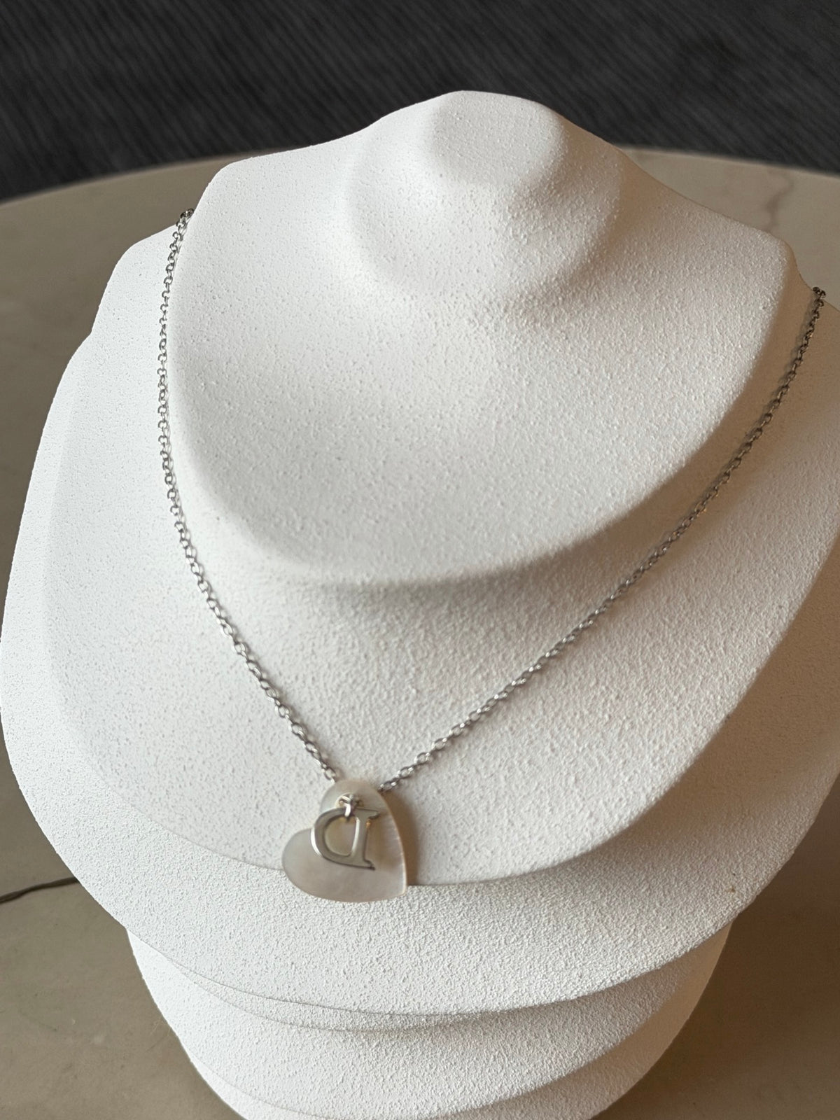 Christian Dior  D Logo Heart Shell Pendant Necklace Silver