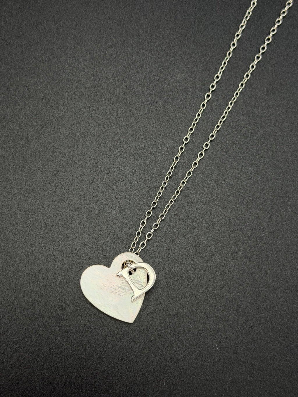 Christian Dior  D Logo Heart Shell Pendant Necklace Silver