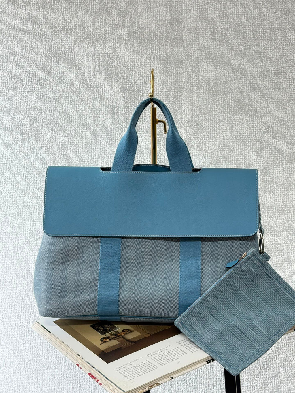 Hermès Valparaiso Toile Chevron and Swift Leather Tote Bag with Pouch Blue Jean