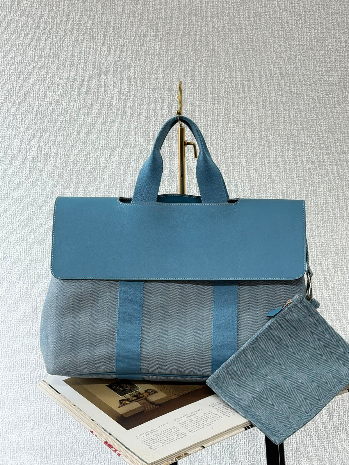 Hermès Valparaiso Toile Chevron and Swift Leather Tote Bag with Pouch Blue Jean