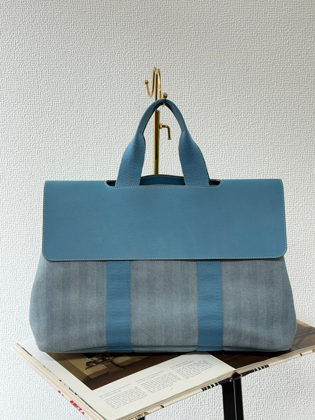 Hermès Valparaiso Toile Chevron and Swift Leather Tote Bag with Pouch Blue Jean
