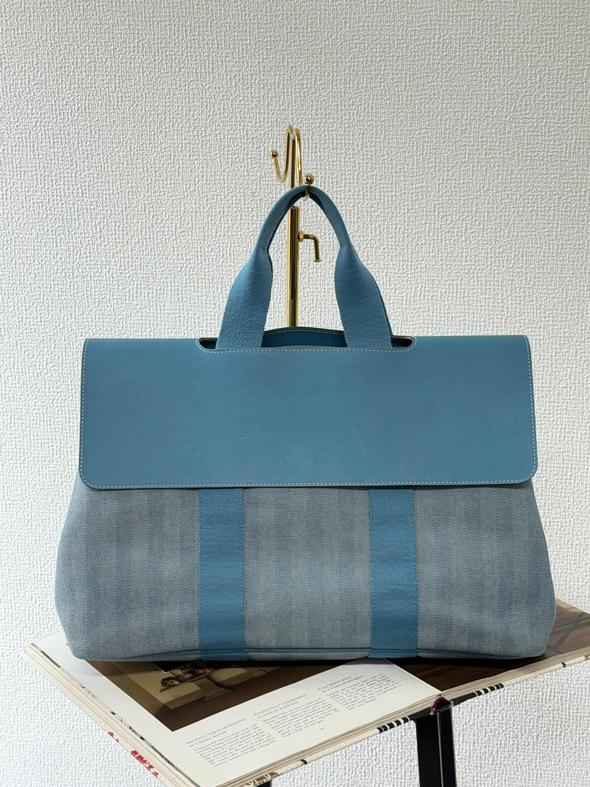 Hermès Valparaiso Toile Chevron and Swift Leather Tote Bag with Pouch Blue Jean