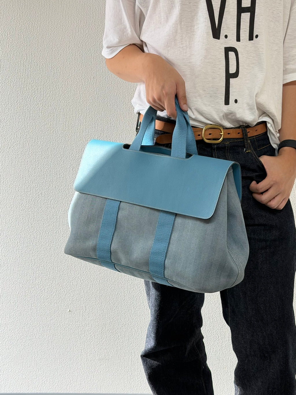 Hermès Valparaiso Toile Chevron and Swift Leather Tote Bag with Pouch Blue Jean