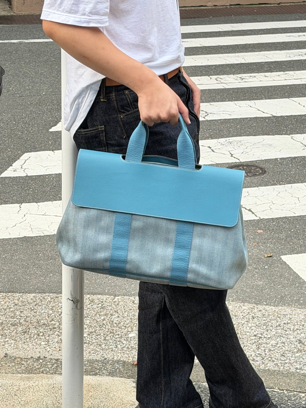 Hermès Valparaiso Toile Chevron and Swift Leather Tote Bag with Pouch Blue Jean