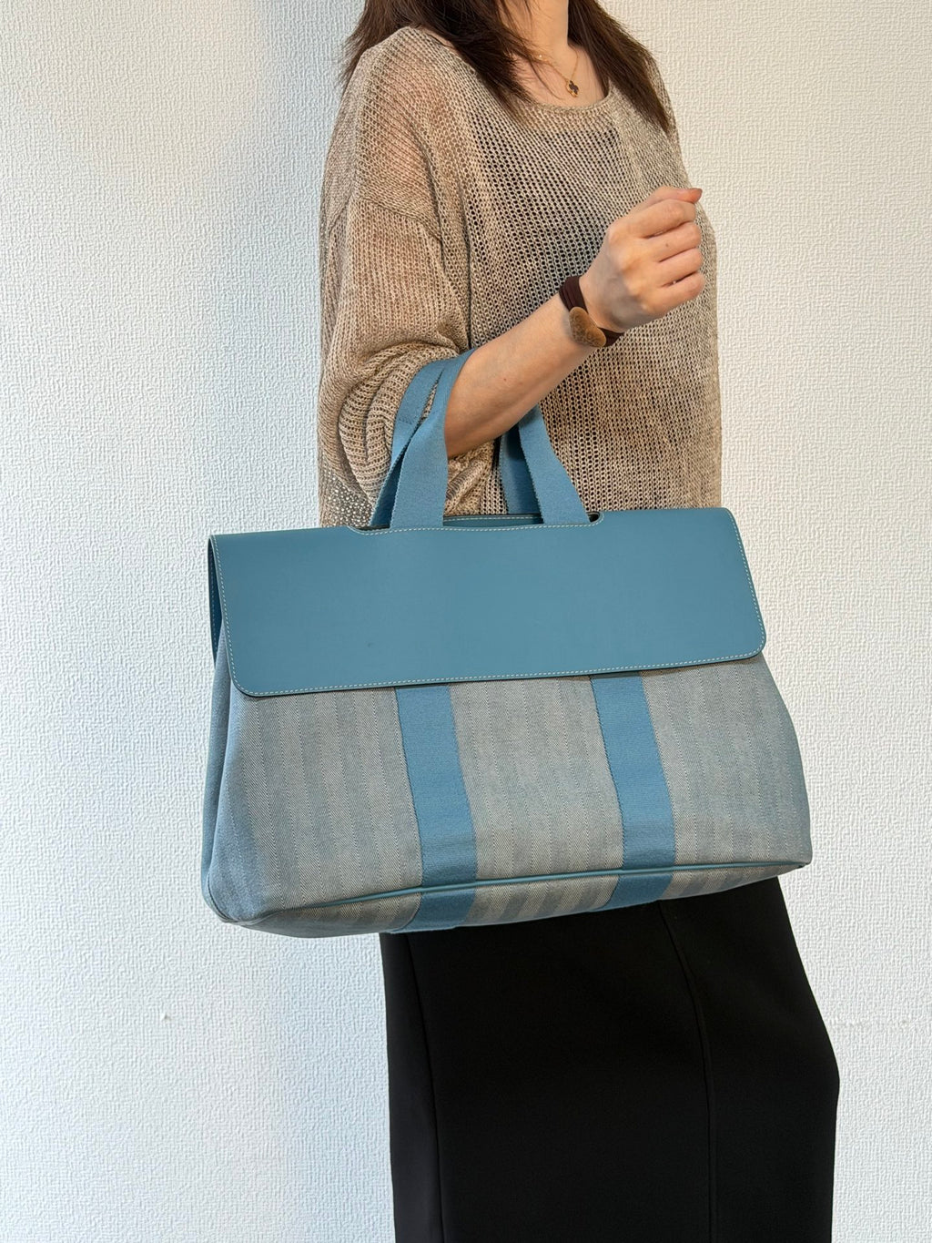 Hermès Valparaiso Toile Chevron and Swift Leather Tote Bag with Pouch Blue Jean