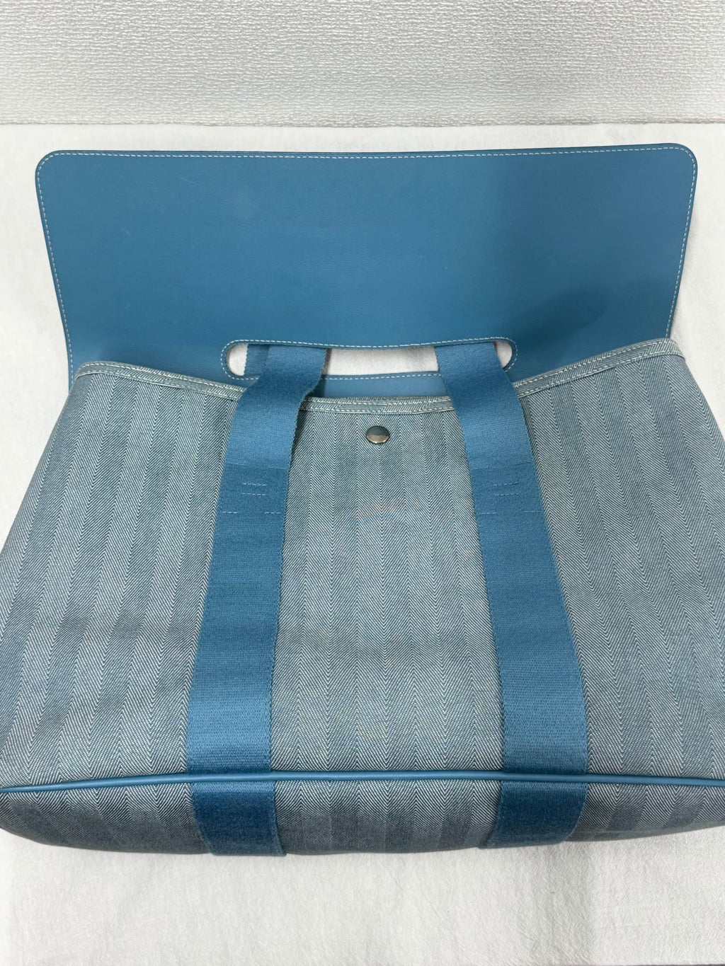 Hermès Valparaiso Toile Chevron and Swift Leather Tote Bag with Pouch Blue Jean