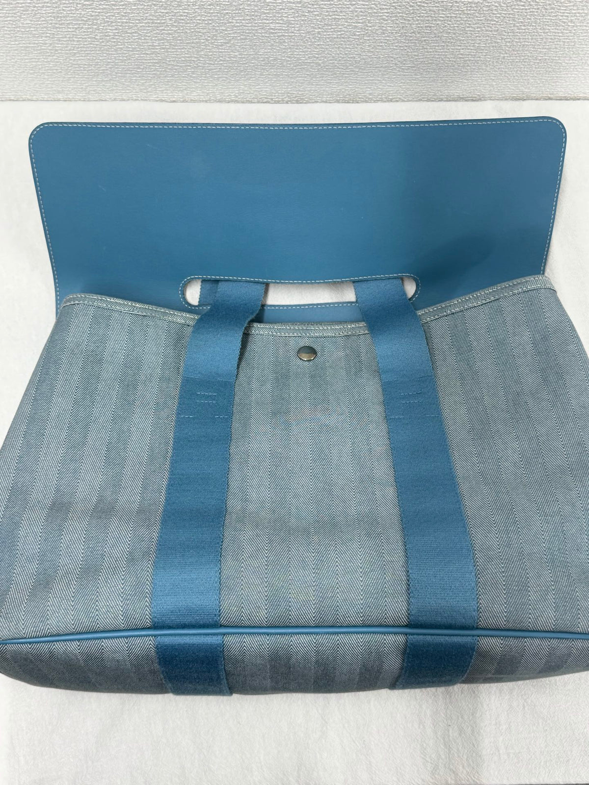 Hermès Valparaiso Toile Chevron and Swift Leather Tote Bag with Pouch Blue Jean