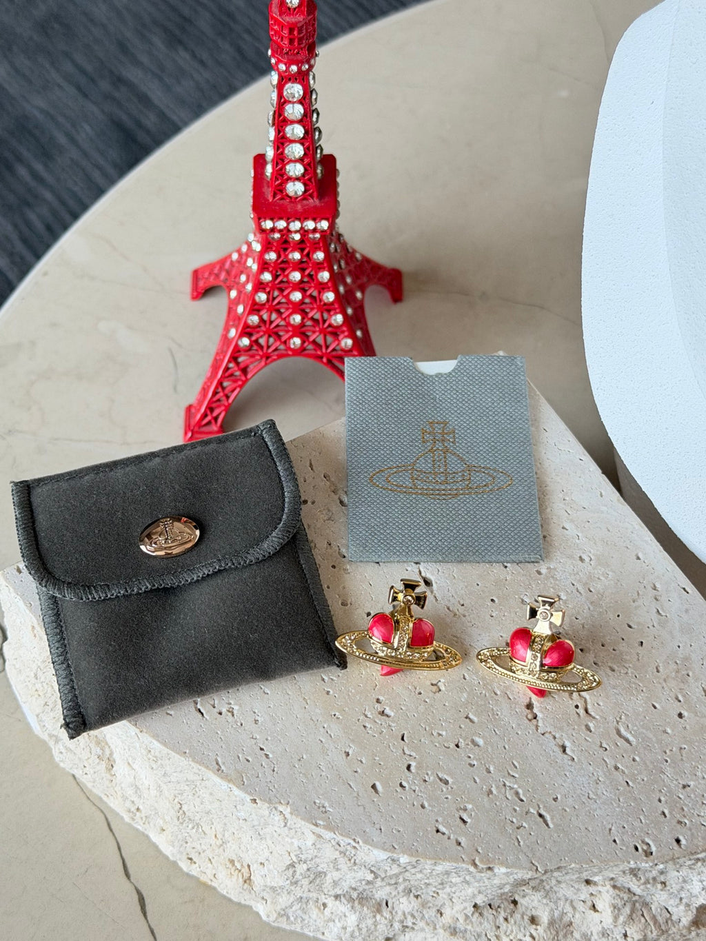 Vivienne Westwood Fabianna Bas Relief Red Enamel Heart Orb Stud Earrings Gold