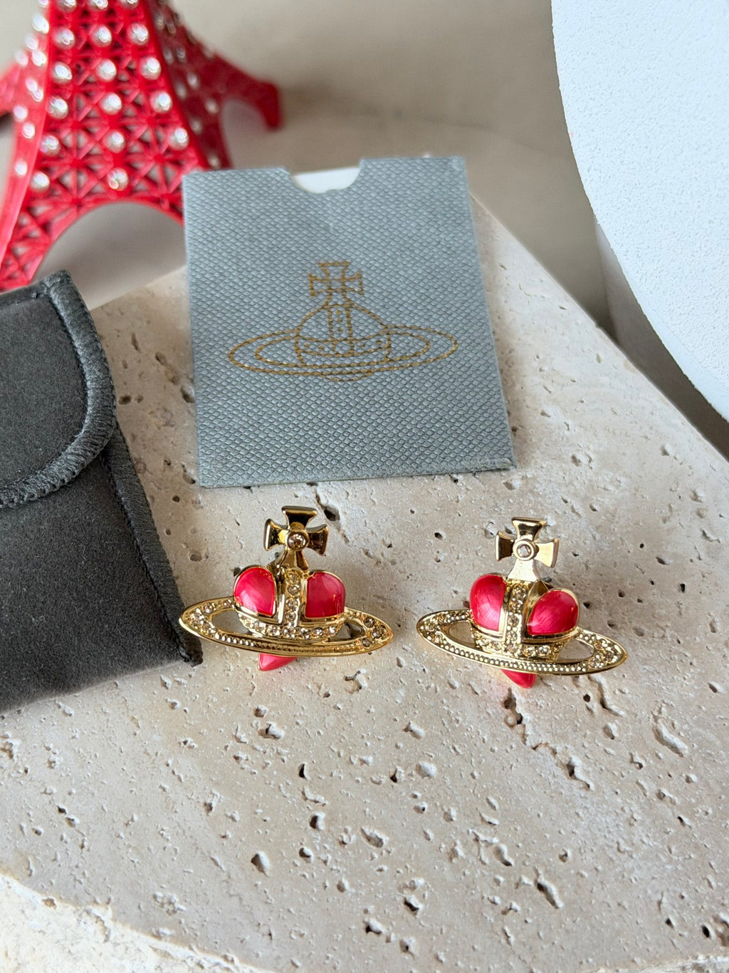 Vivienne Westwood Fabianna Bas Relief Red Enamel Heart Orb Stud Earrings Gold