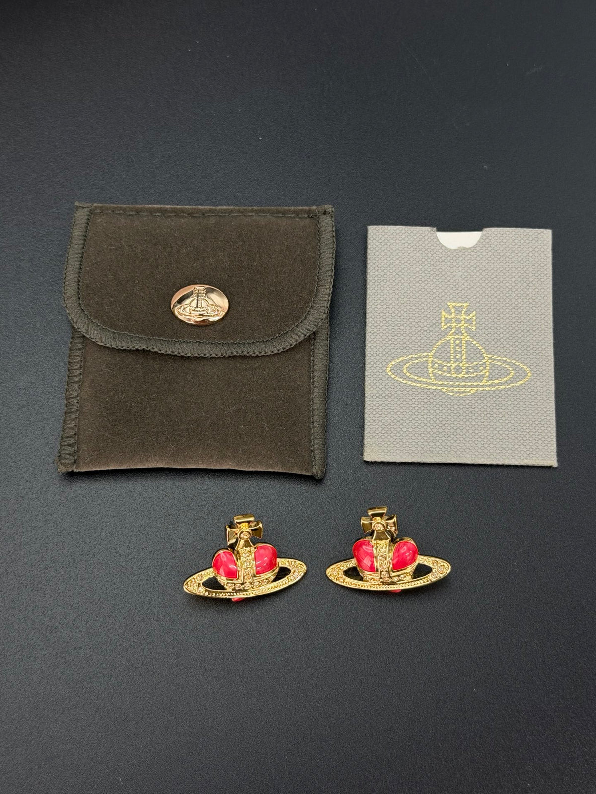 Vivienne Westwood Fabianna Bas Relief Red Enamel Heart Orb Stud Earrings Gold
