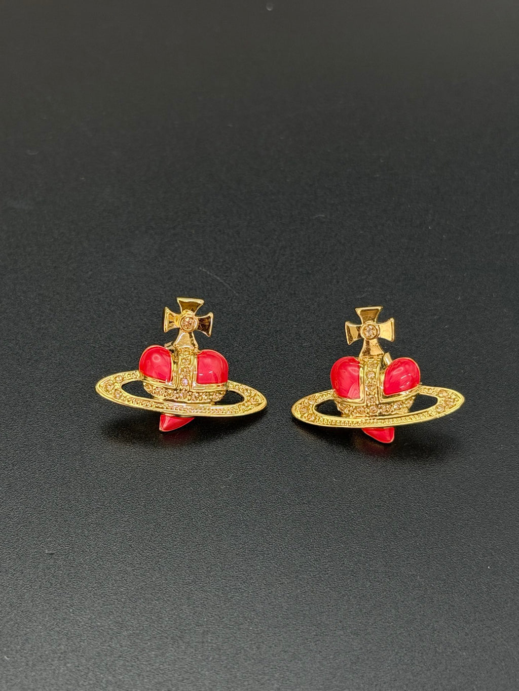 Vivienne Westwood Fabianna Bas Relief Red Enamel Heart Orb Stud Earrings Gold