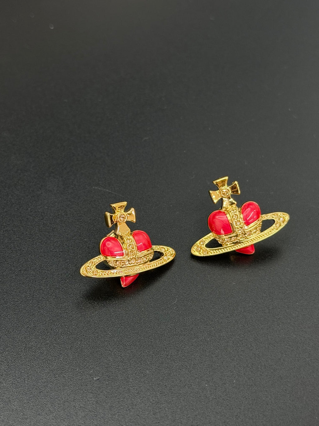 Vivienne Westwood Fabianna Bas Relief Red Enamel Heart Orb Stud Earrings Gold
