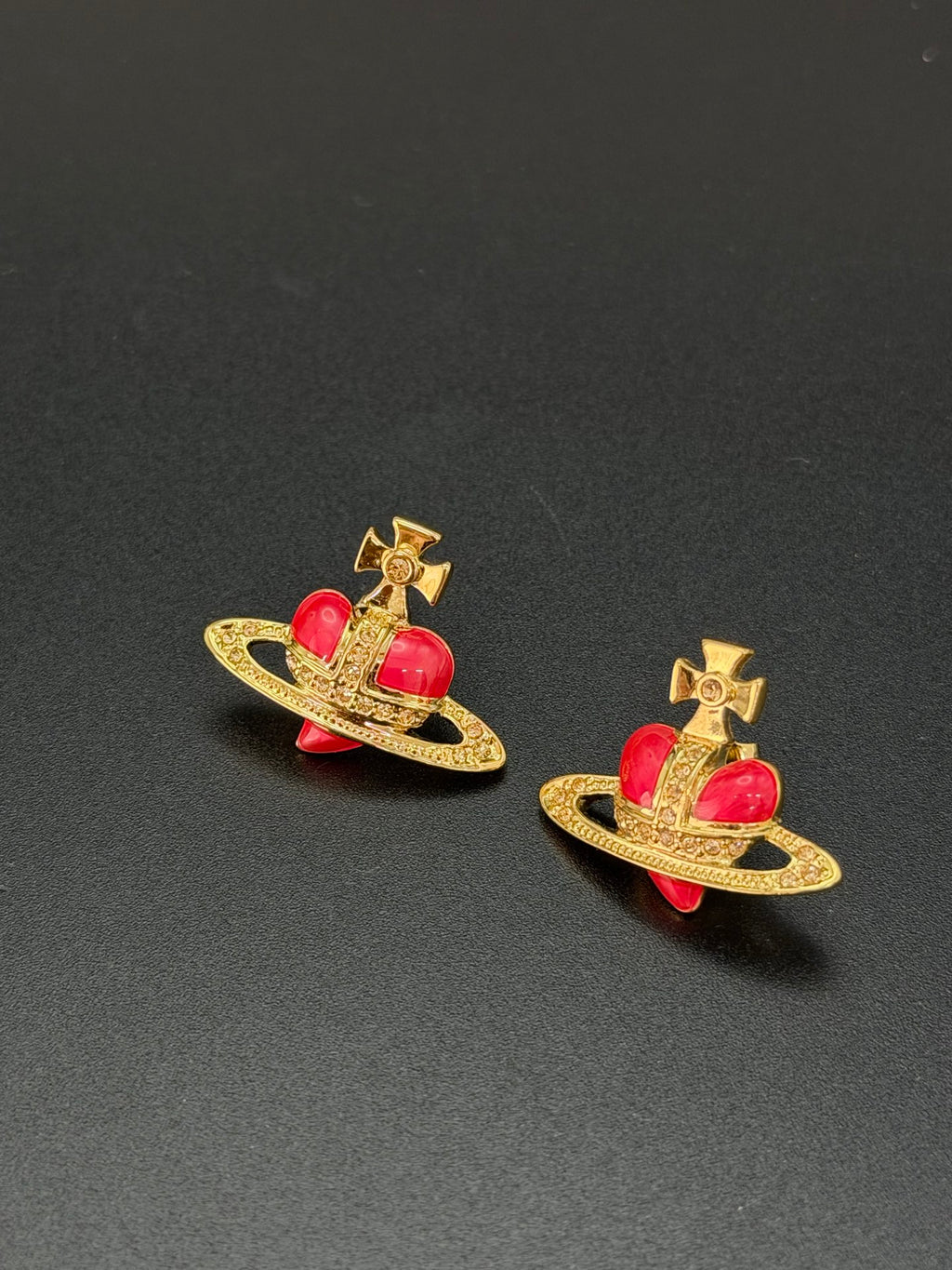 Vivienne Westwood Fabianna Bas Relief Red Enamel Heart Orb Stud Earrings Gold