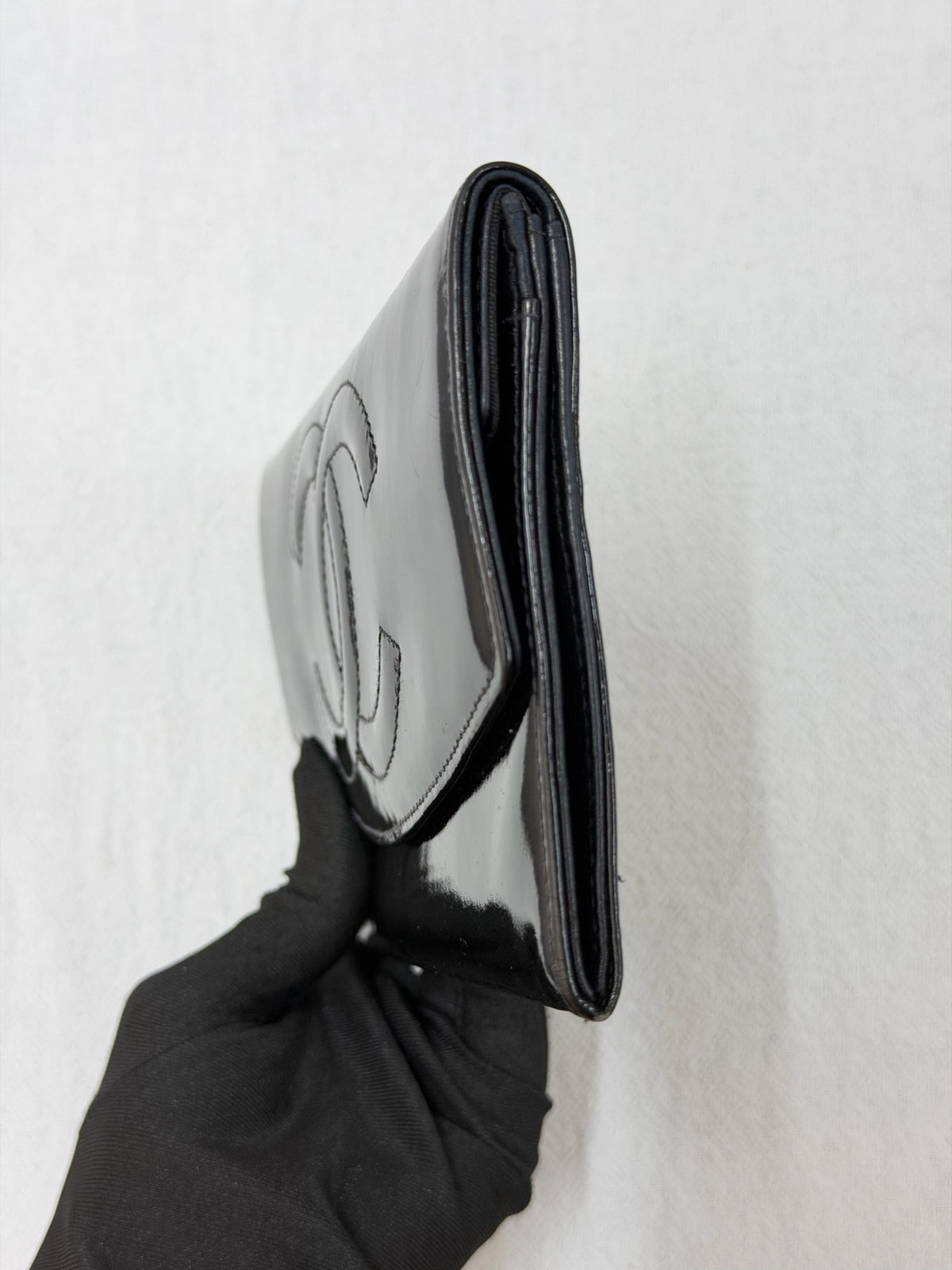Chanel Timeless CC Large Black Patent Leather Clutch Wallet Bag