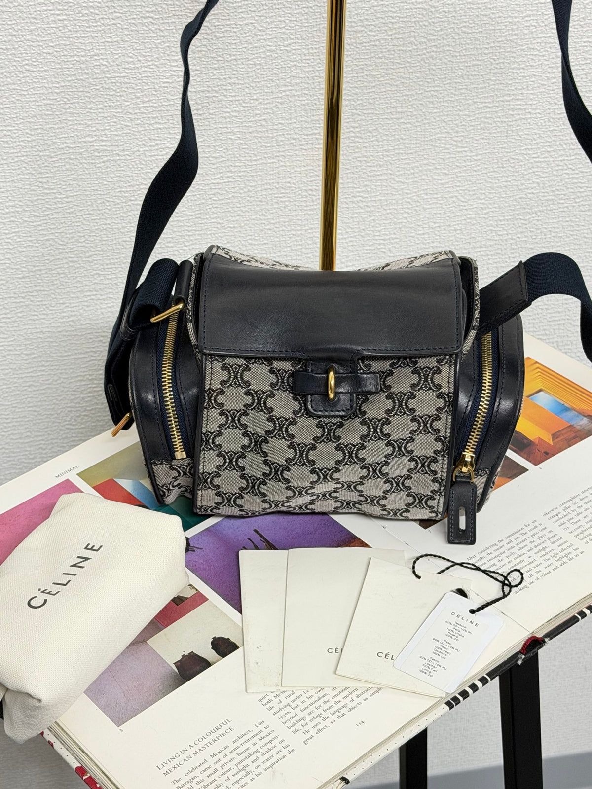 CELINE Triomphe Jacquard Canvas and Smooth Calfskin Side Zip Frame Shoulder Bag Black