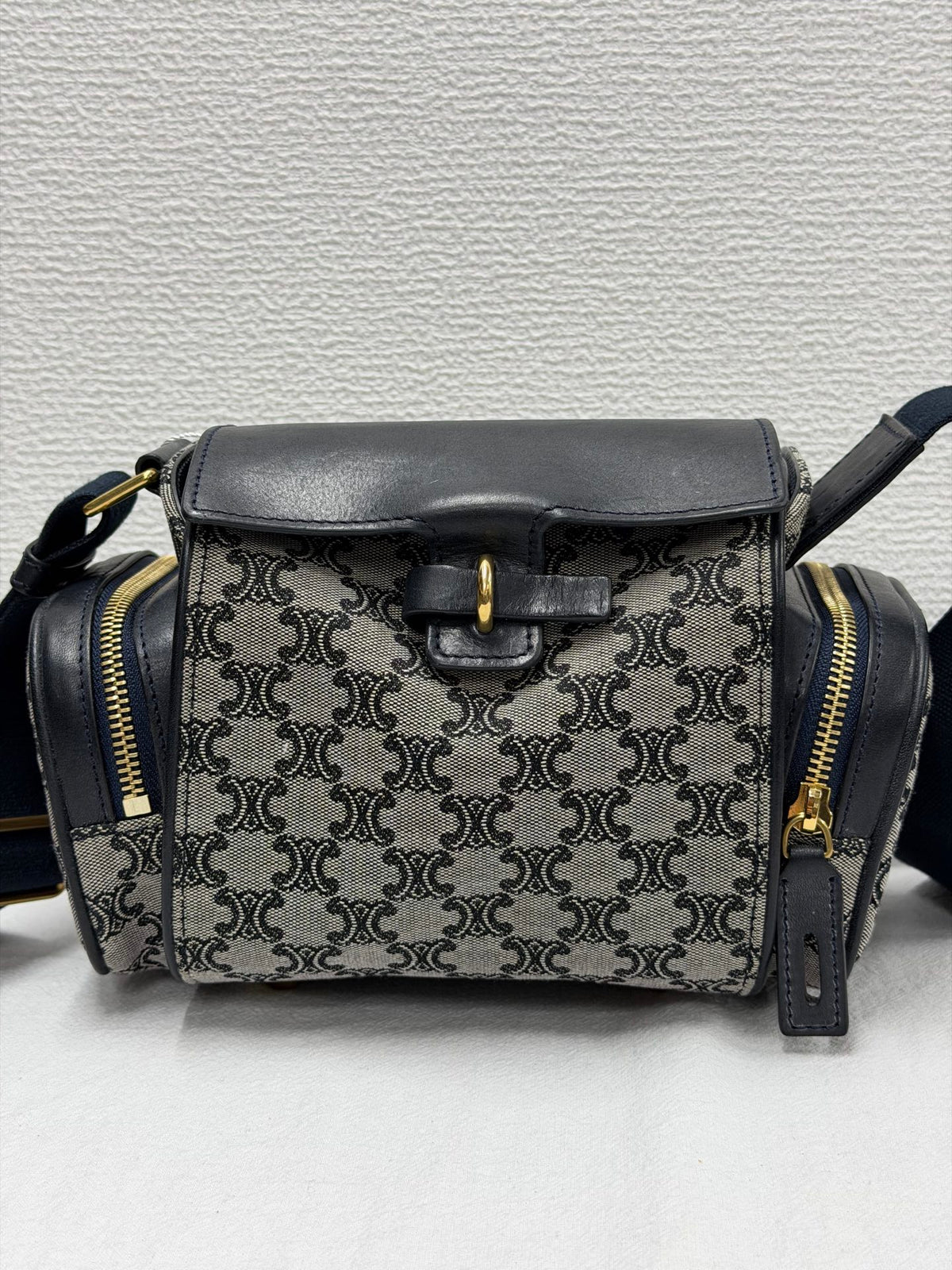 CELINE Triomphe Jacquard Canvas and Smooth Calfskin Side Zip Frame Shoulder Bag Black