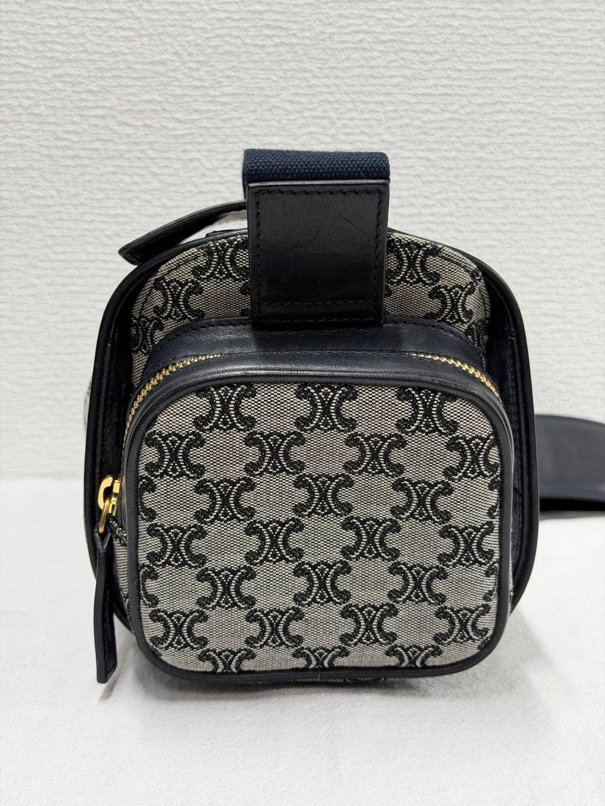 CELINE Triomphe Jacquard Canvas and Smooth Calfskin Side Zip Frame Shoulder Bag Black