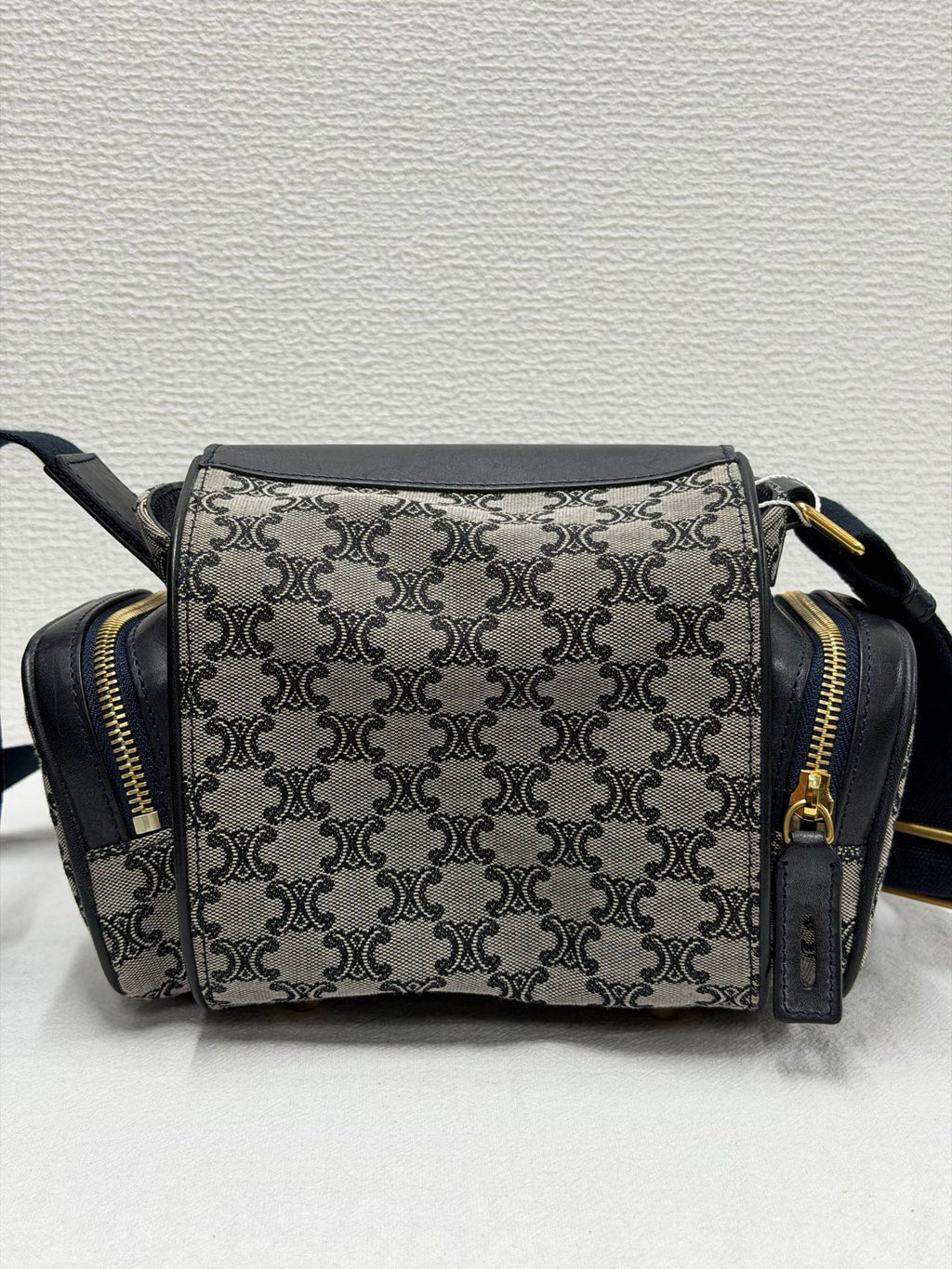 CELINE Triomphe Jacquard Canvas and Smooth Calfskin Side Zip Frame Shoulder Bag Black