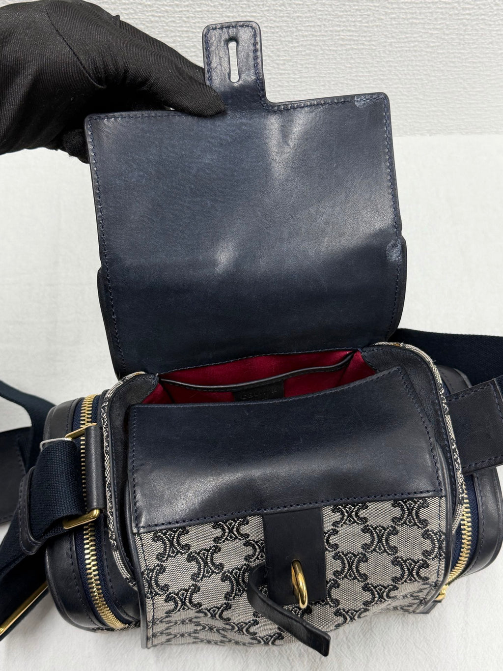 CELINE Triomphe Jacquard Canvas and Smooth Calfskin Side Zip Frame Shoulder Bag Black