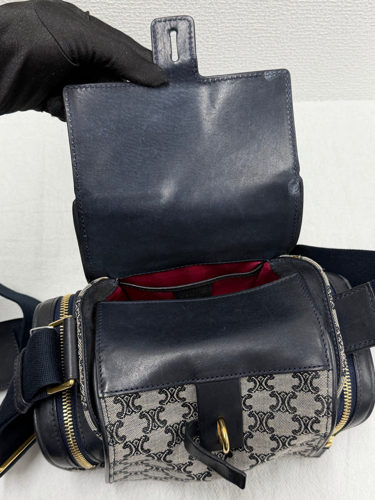 CELINE Triomphe Jacquard Canvas and Smooth Calfskin Side Zip Frame Shoulder Bag Black