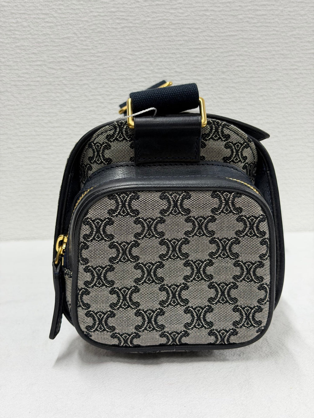 CELINE Triomphe Jacquard Canvas and Smooth Calfskin Side Zip Frame Shoulder Bag Black