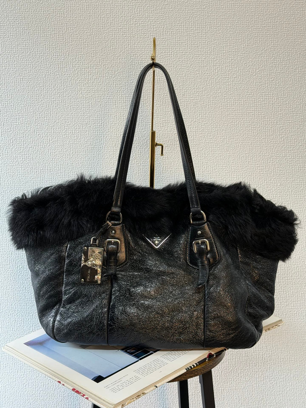 PRADA Montone Distressed Lambskin Leather and Fox Fur Trim Shopping Tote Bag
