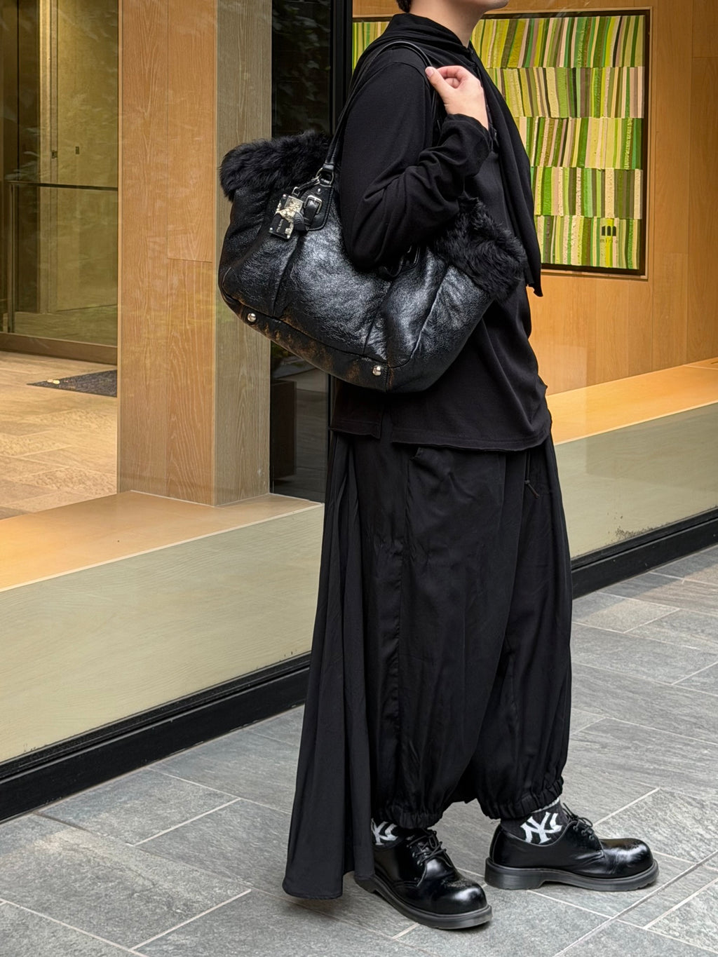 PRADA Montone Distressed Lambskin Leather and Fox Fur Trim Shopping Tote Bag