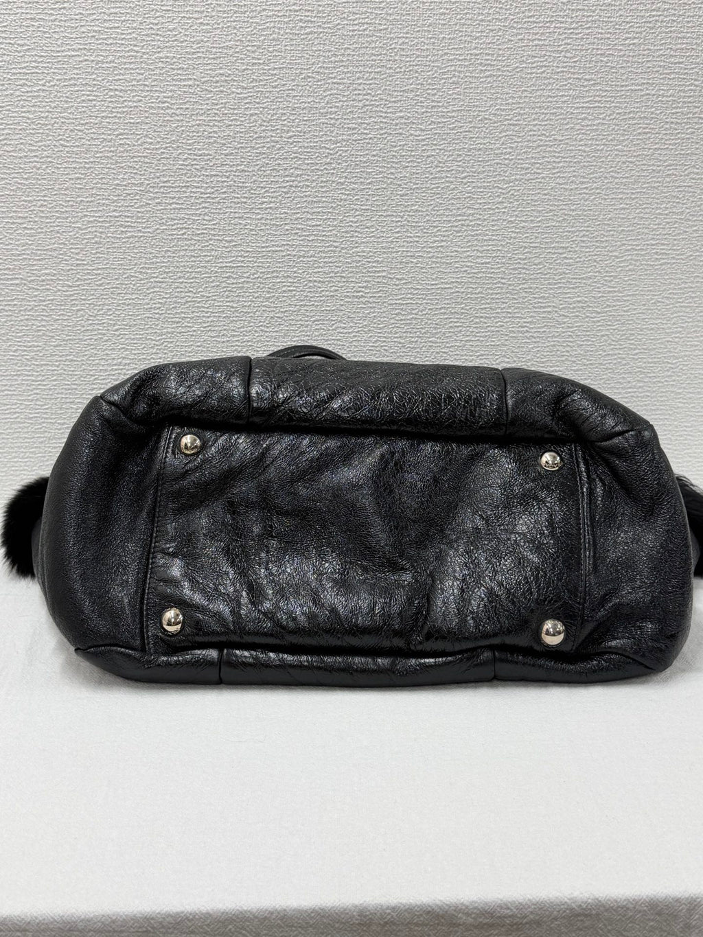 PRADA Montone Distressed Lambskin Leather and Fox Fur Trim Shopping Tote Bag