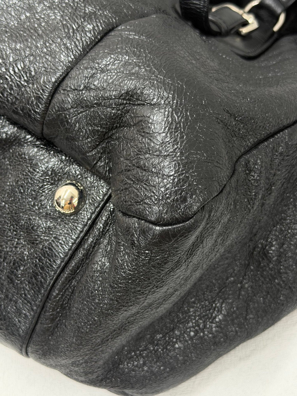 PRADA Montone Distressed Lambskin Leather and Fox Fur Trim Shopping Tote Bag