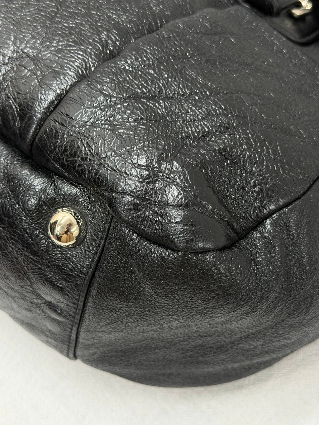 PRADA Montone Distressed Lambskin Leather and Fox Fur Trim Shopping Tote Bag